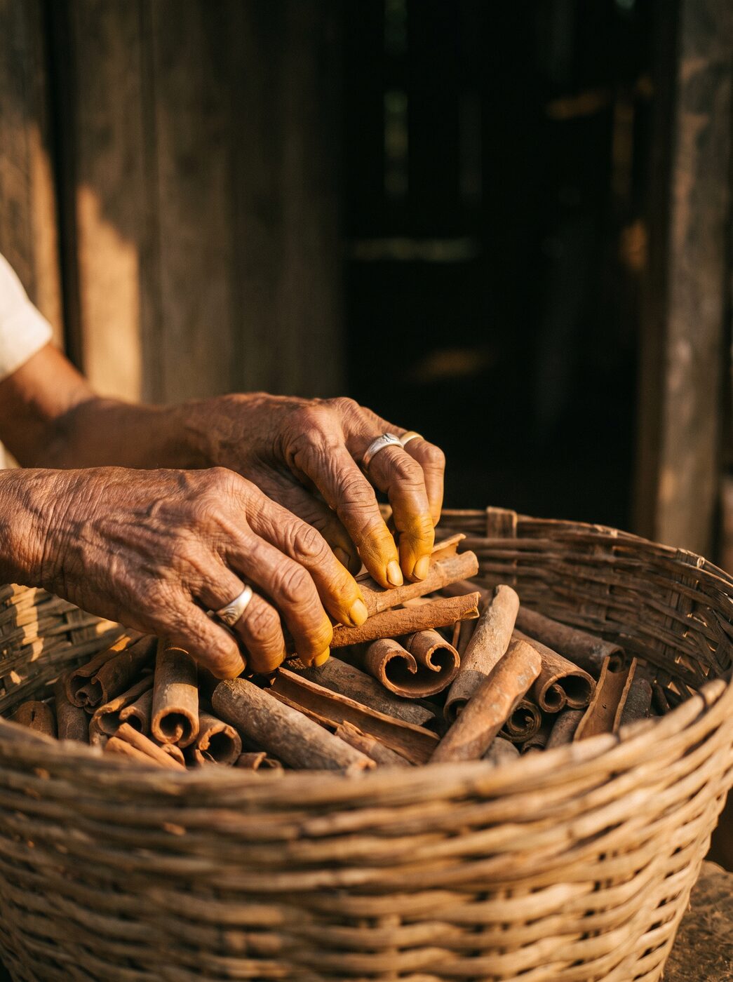 A grower's hands sorting curled cinnamon bark in a woven basket