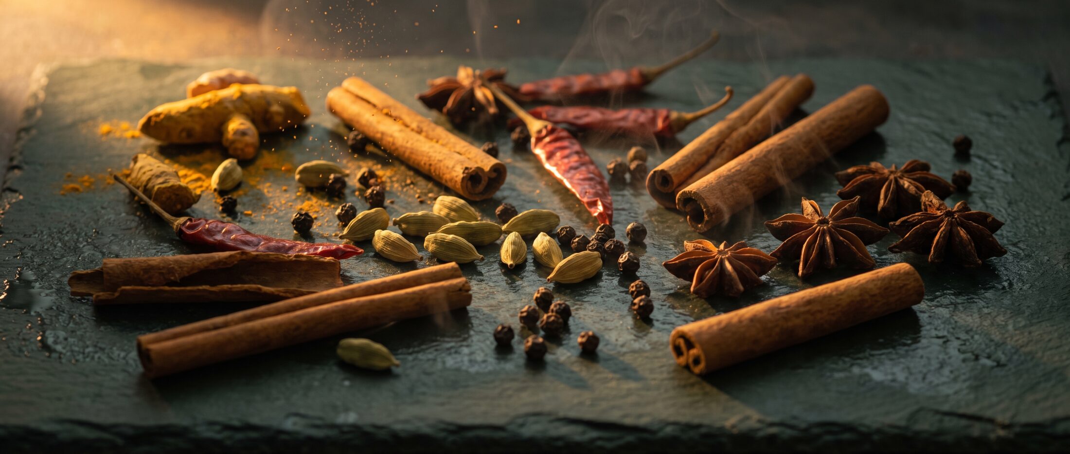 Whole Ceylon spices — cinnamon, cardamom, chili and turmeric — scattered on dark slate in golden light
