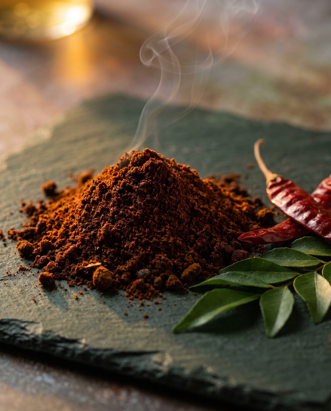 Mound of dark-roasted Jaffna curry powder with dried chilies and curry leaves
