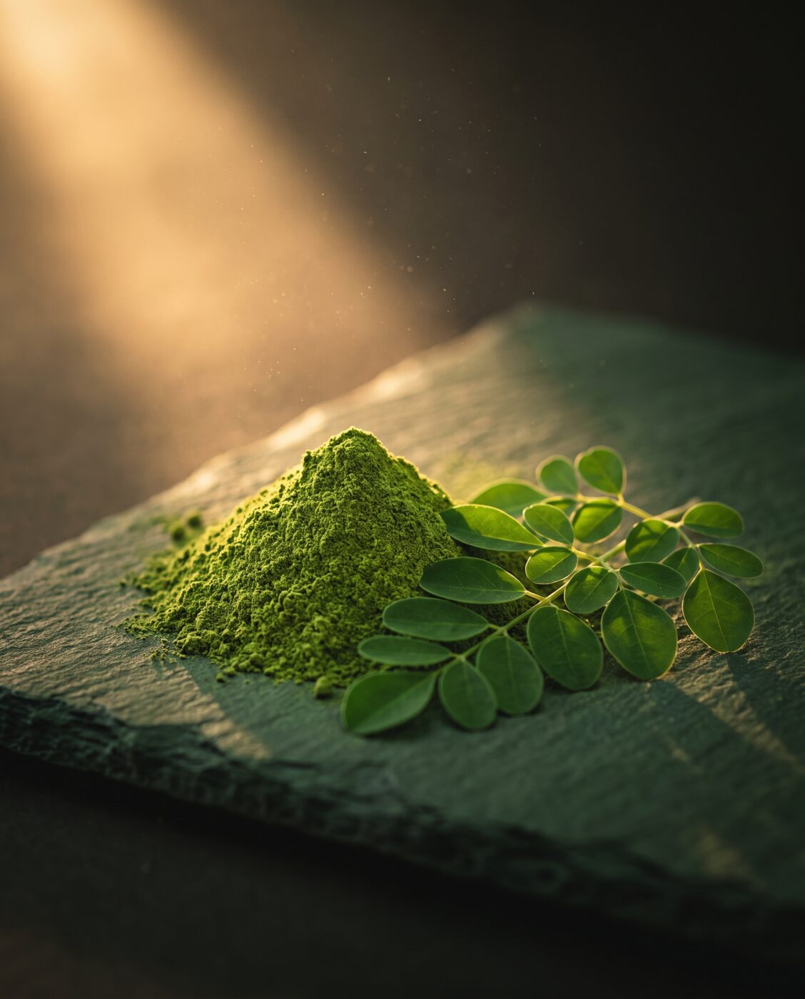 Vivid green moringa leaf powder beside fresh moringa leaves