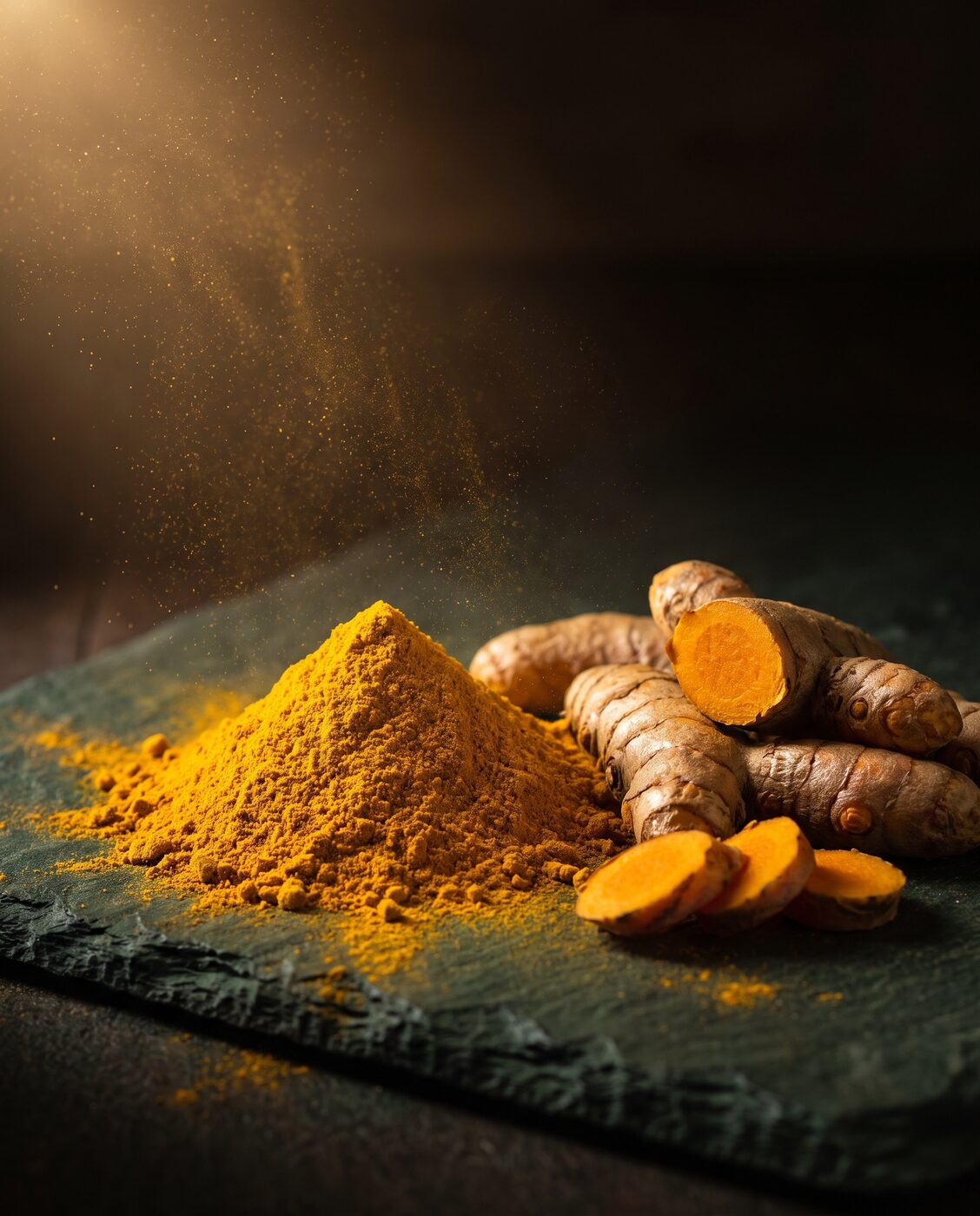 Bright golden turmeric powder beside fresh turmeric rhizomes